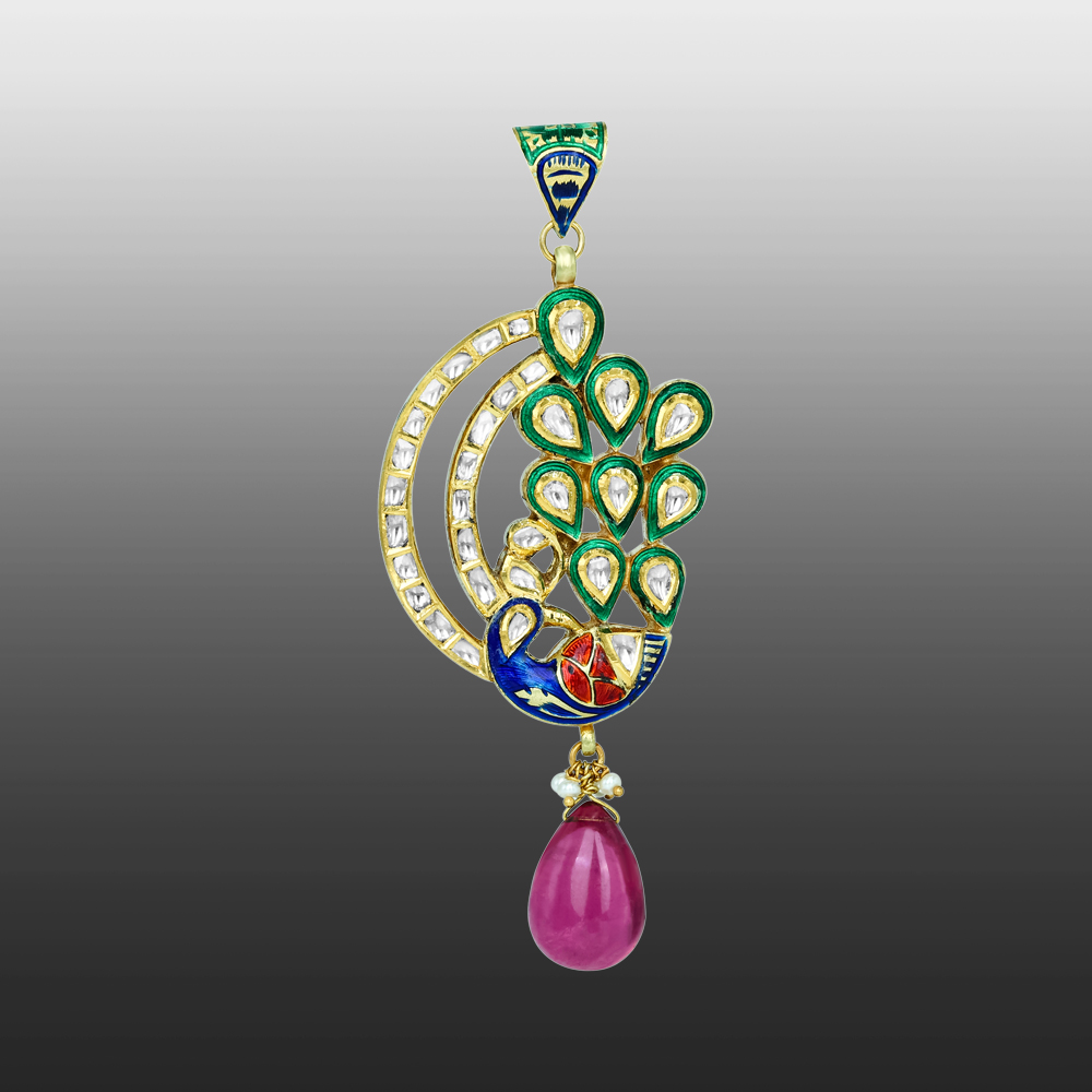 Peacock Enamel Pendant with Polki Diamonds and Tourmaline Drop